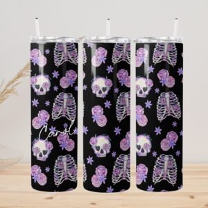 Purple Skull and Roses Tumbler – Gothic Floral Skeleton Design