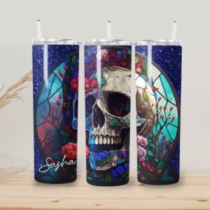 Stained Glass Floral Skull Design Tumbler