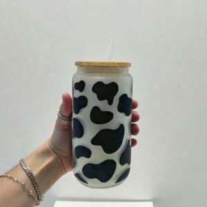 Black Cowhide Frosted Glass Can 16oz Tumbler