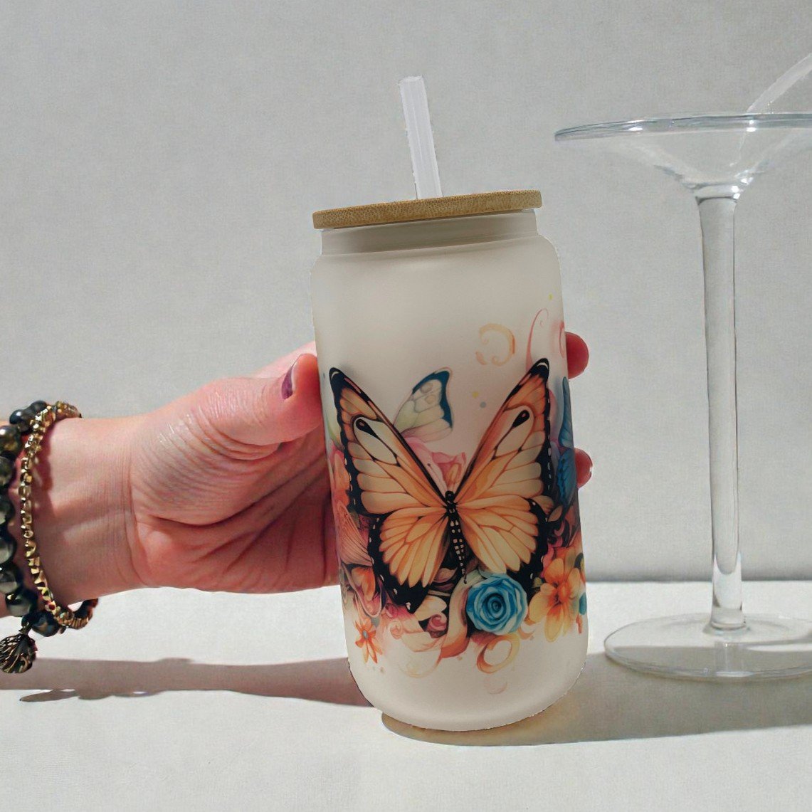 Floral Butterfly Frosted Glass Can 16oz Tumbler - Image 2