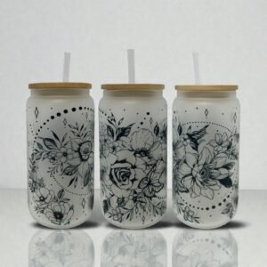 Black Floral Line Art Frosted Glass Can 16oz Tumbler