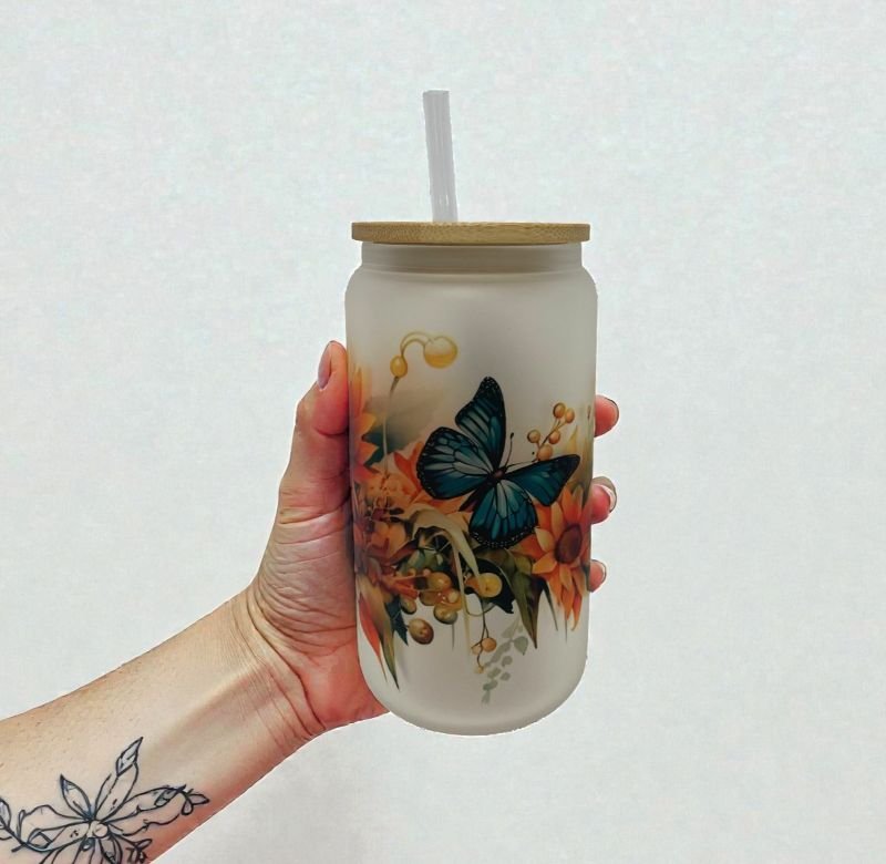 Sunflower & Butterfly Frosted Glass Can 16oz Tumbler - Image 2