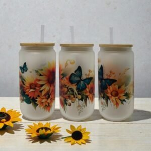 Sunflower & Butterfly Frosted Glass Can 16oz Tumbler