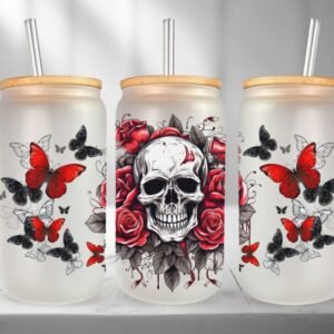 Gothic Red Roses & Skull Frosted Glass Can 16oz Tumbler