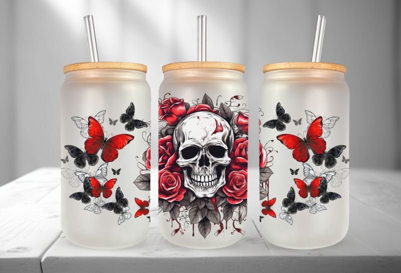 Gothic Red Roses & Skull Frosted Glass Can 16oz Tumbler